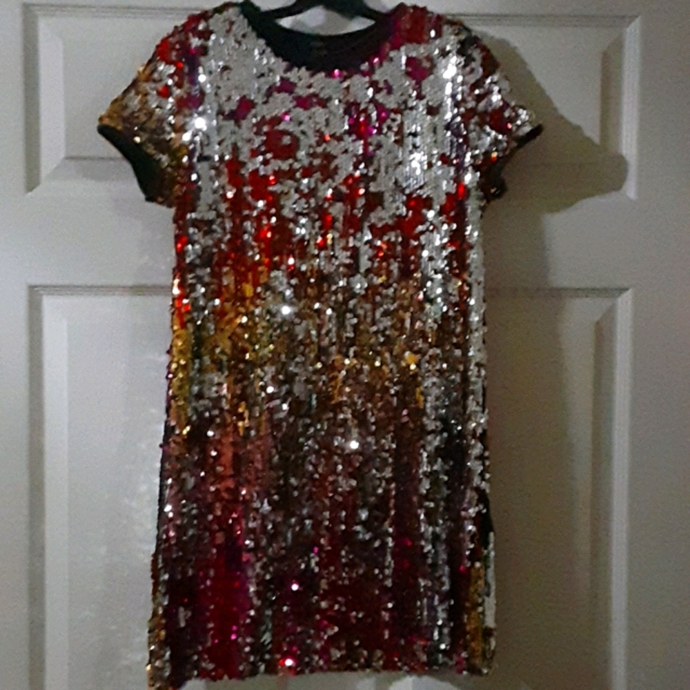 Forever 21 Girls Multicolor Sequin Shift Dress - Silver, Red, Gold, Pink